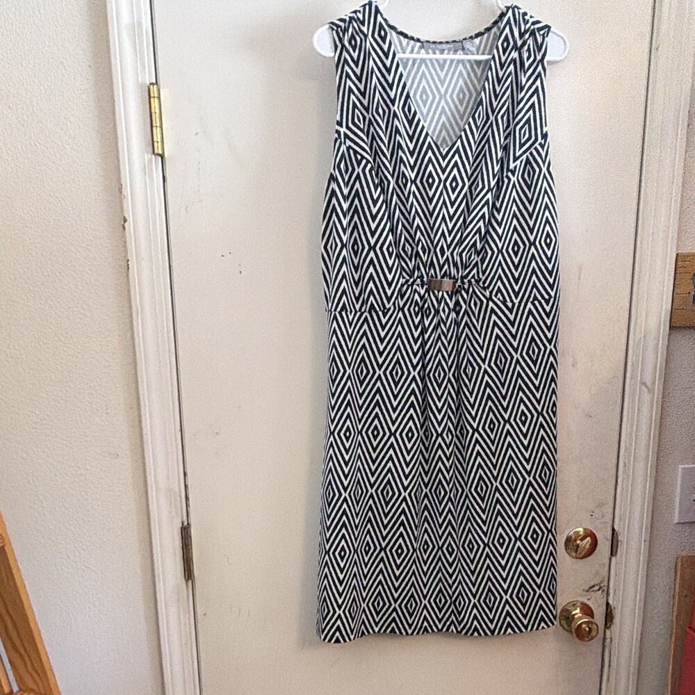 NY Collection Plus 2X Navy/White Geometric V-Neck Sleeveless Dress